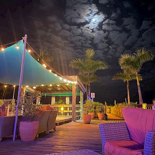 Outdoor deck with wicker furniture, string lights, and a canopy. The night sky is partly cloudy, with a full moon and palm trees in the background.