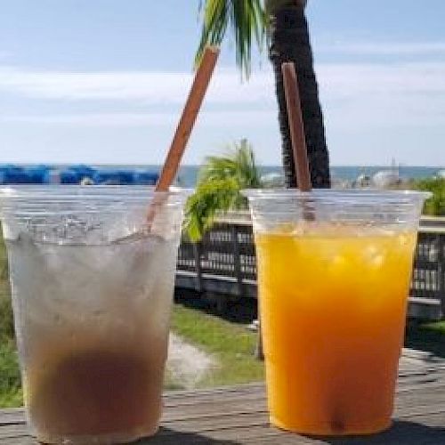 Two plastic cups with drinks, ice, and straws on a wooden railing; tropical beach background with a palm tree and boardwalk.